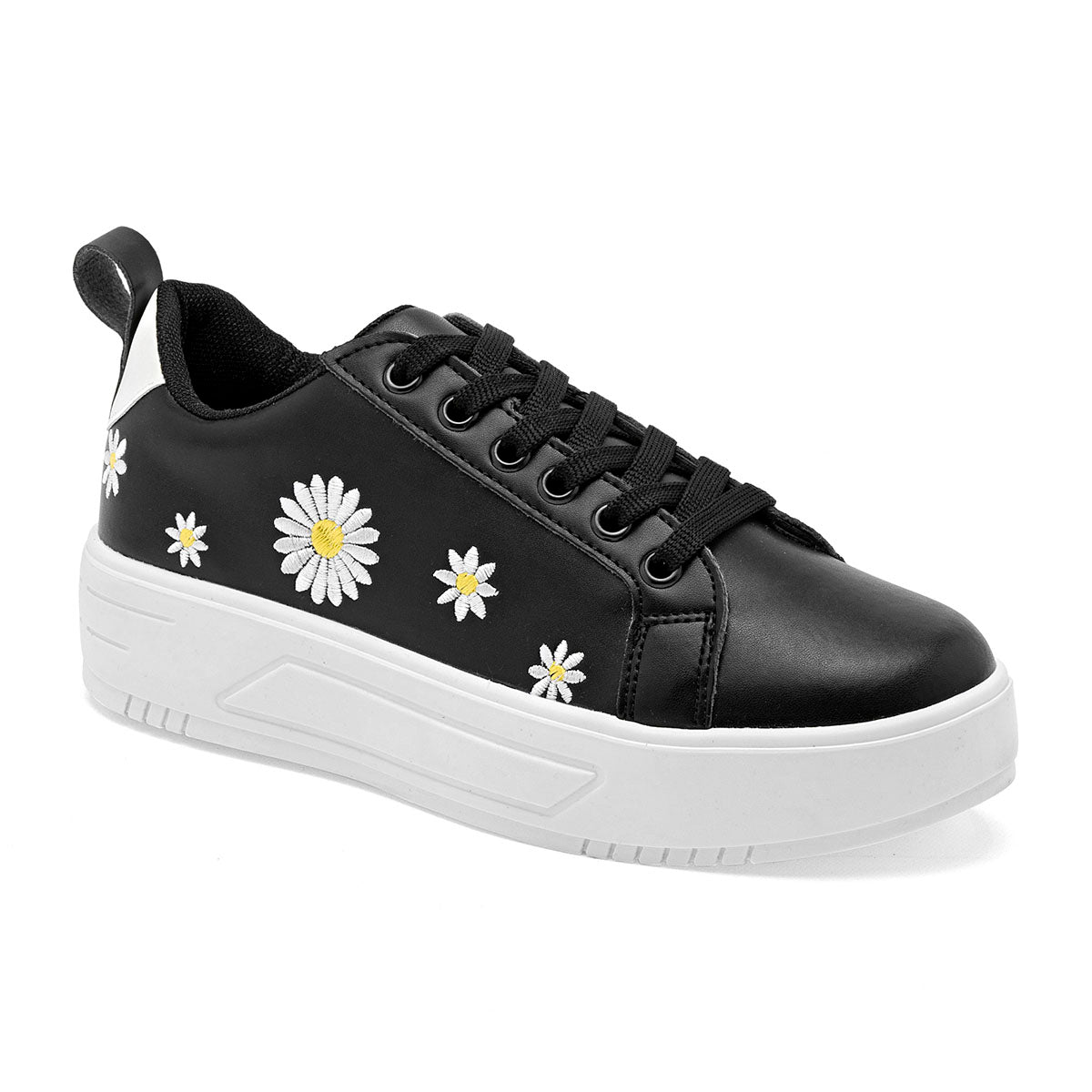 Tenis urbano para mujer color negro con estampado de flores marca Moramora