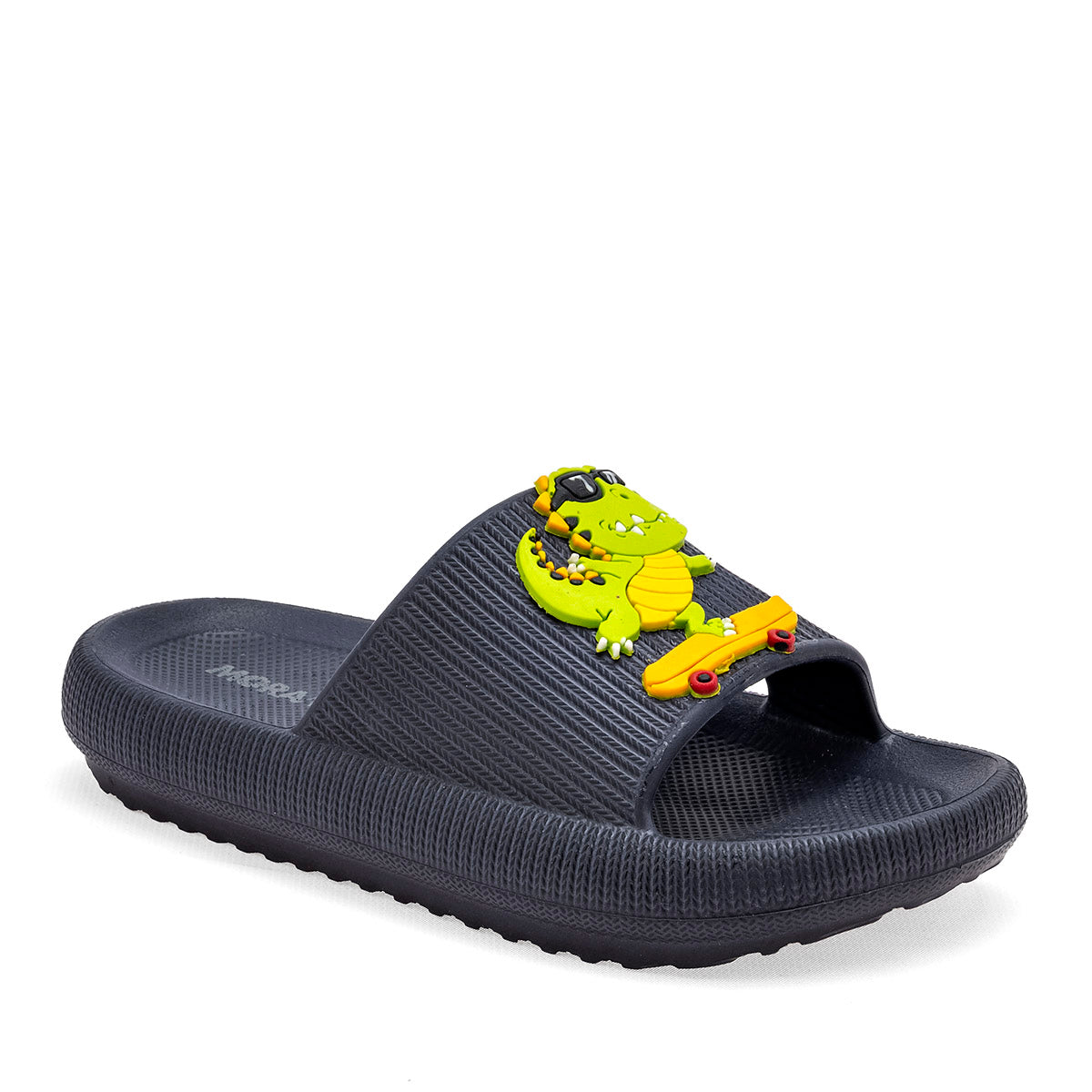 Sandalia para niño color negro con personaje de un dinosaurio marca Moramora 