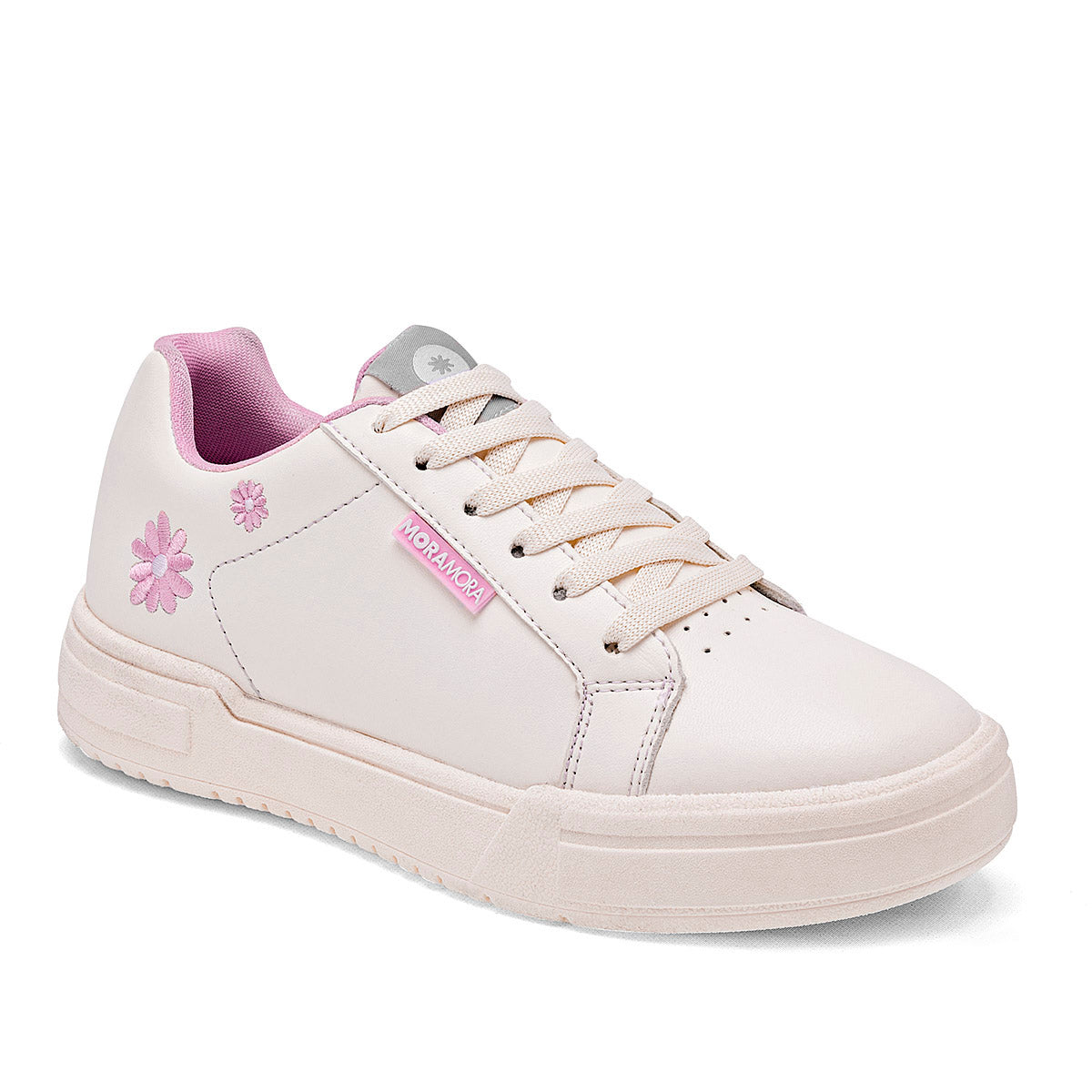 Tenis urbano para mujer color blanco con flores color rosa marca Moramora